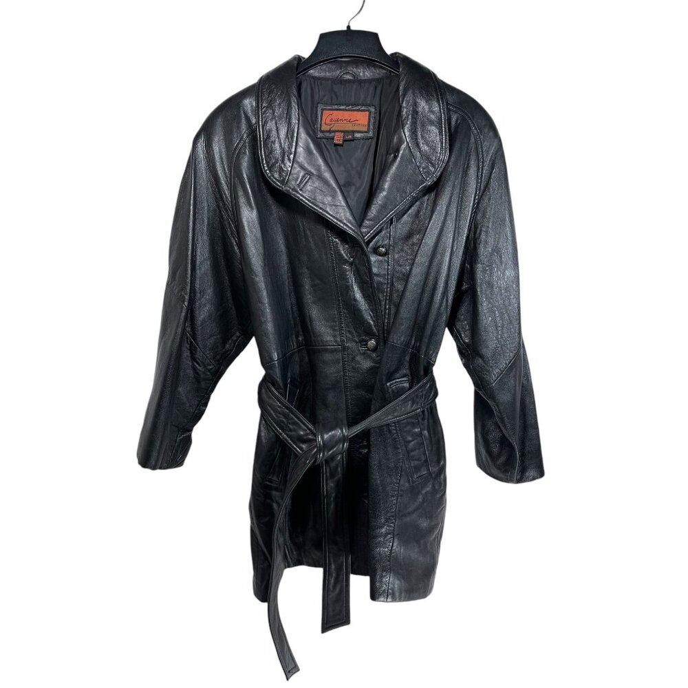 VTG Cayenne Leather Coat Black Leather Jacket Belted Women L Western Boho Twee
